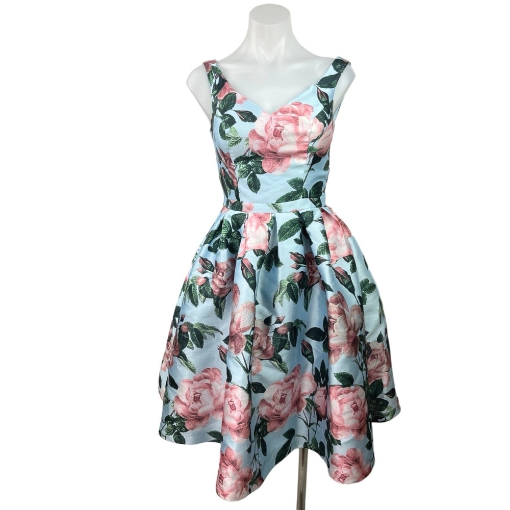 Chi Chi London Curve Size 20 Uk Blue w Pink Floral Retro Dress